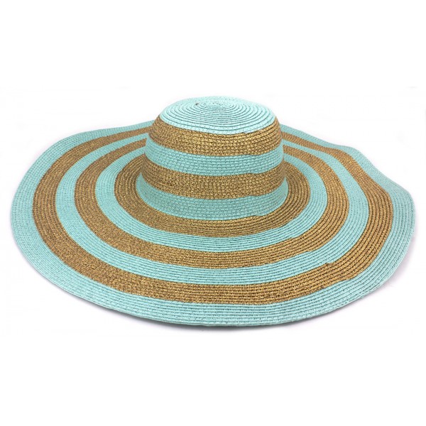 Wide Brim Hat - Straw Hat: Paper Straw Wide Brim Hat - Aqua/Gold - HT-ST1170AQGD